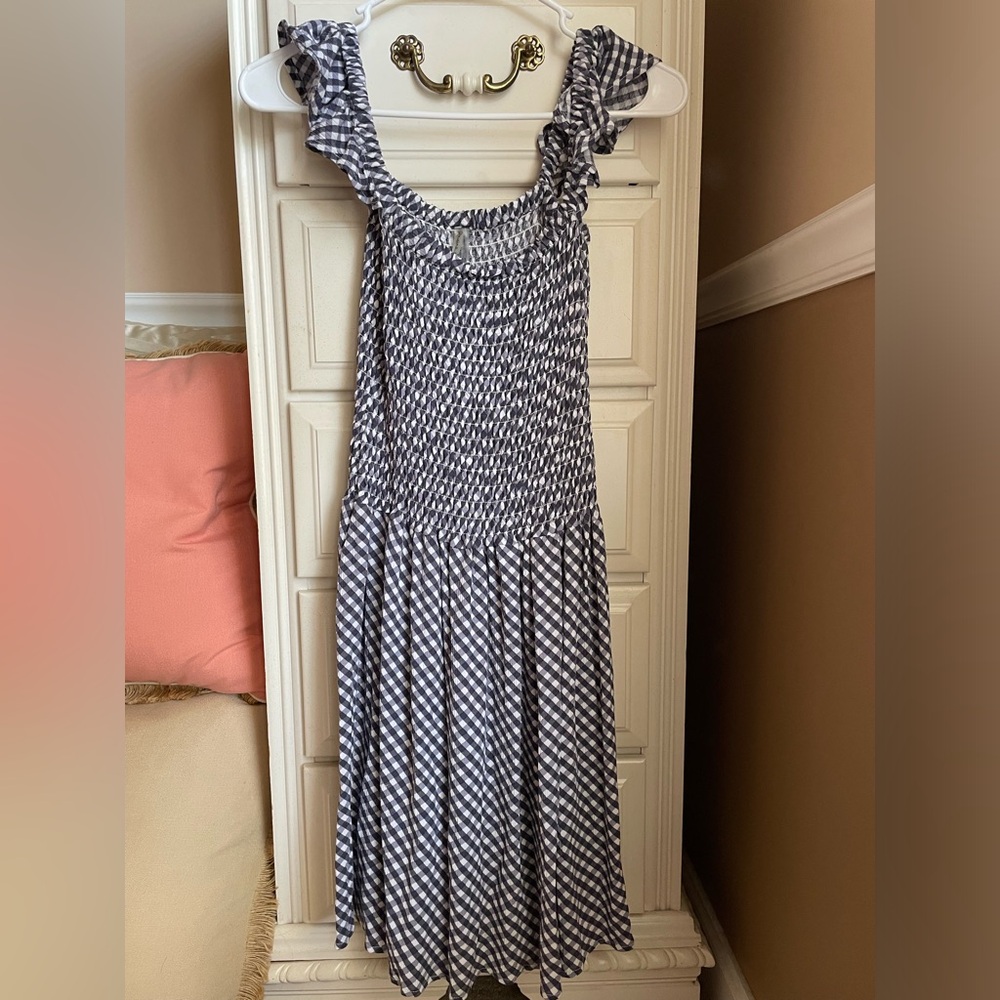 Raisins Navy and White Gingham Dress with Ruffle Straps
